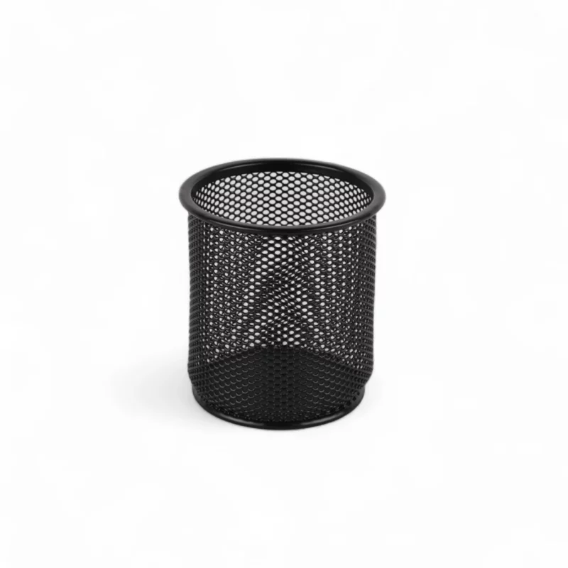 A black mesh container on a white background