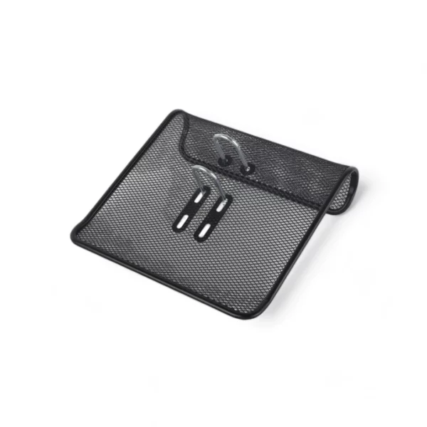 a black mesh holder with a paper clip