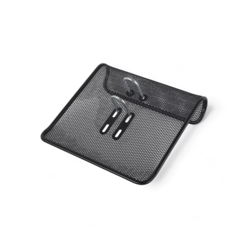 A black mesh holder with a paper clip