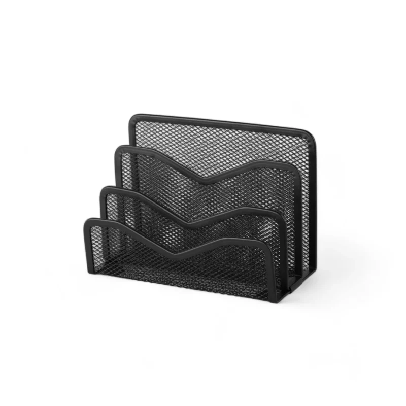 A black metal mesh holder
