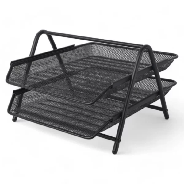 a black metal tray with a couple of shelves