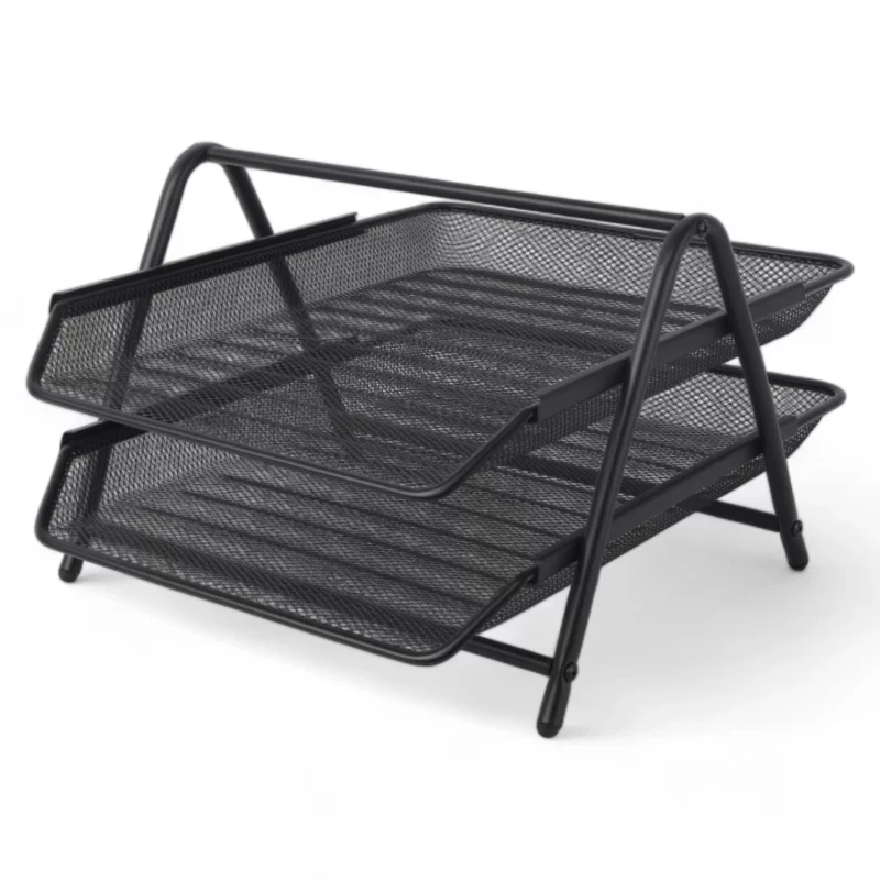 A black metal tray with a couple of shelves