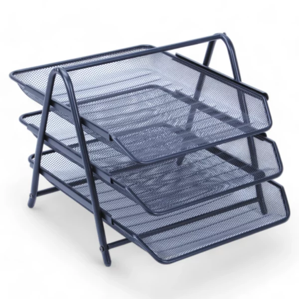 a stack of blue metal trays
