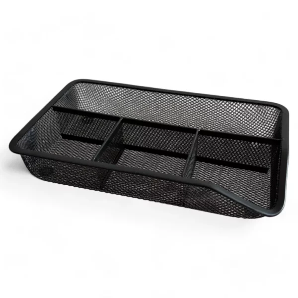a black mesh tray with four compartments