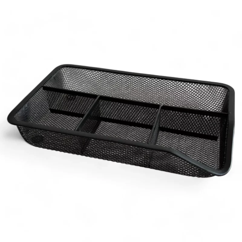 A black mesh tray with four compartments