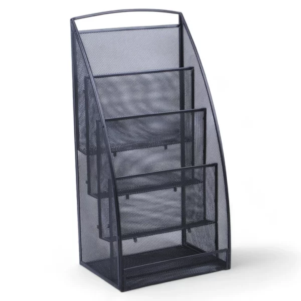 a black wire mesh magazine rack