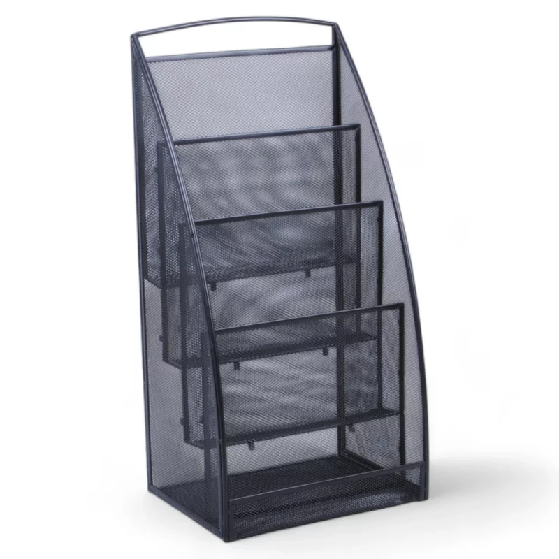A black wire mesh magazine rack