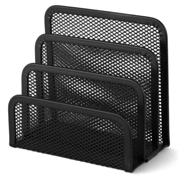 a black mesh holder with a white background