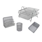several metal trays and a basket