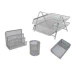 several metal trays and a basket