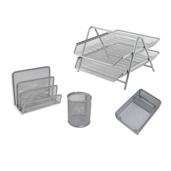 several metal trays and a basket
