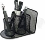 a black metal holder with pens and markers