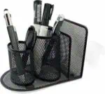 a black metal holder with pens and markers