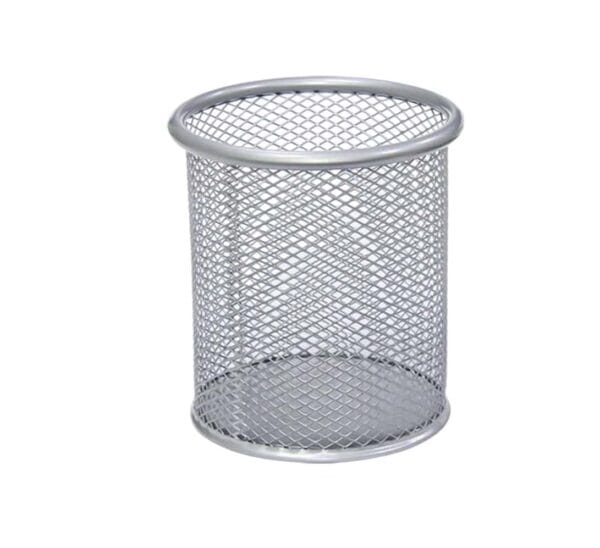 a silver metal basket with mesh