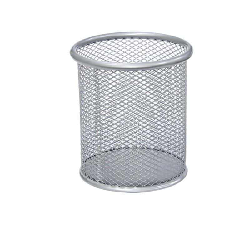 A silver metal basket with mesh