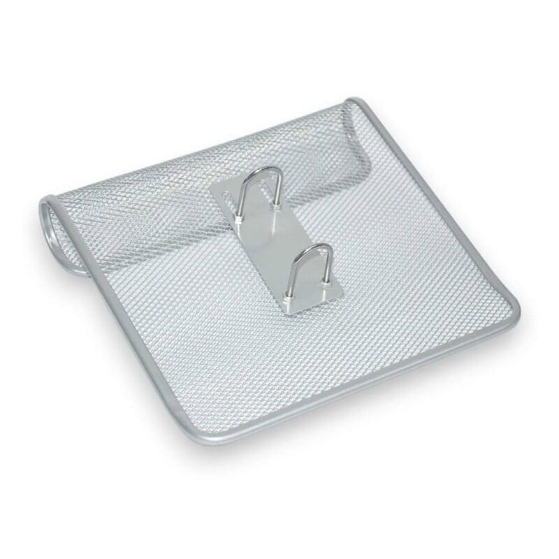 A metal mesh tray with a metal handle