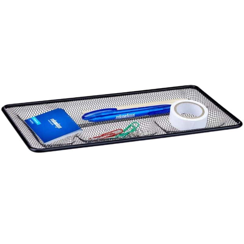 A tray with stationery items on it