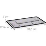 a black mesh tray with measurements