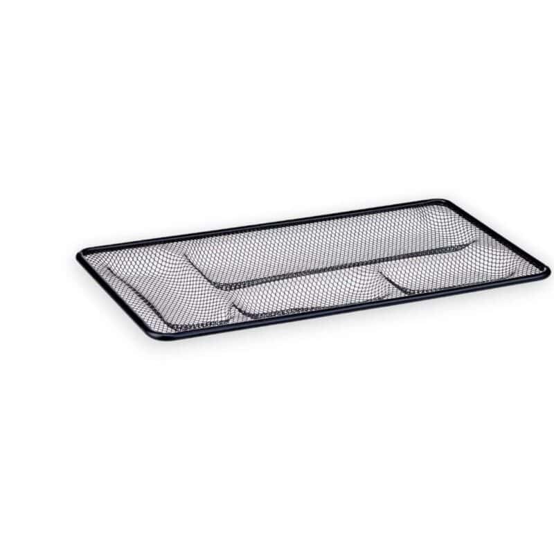 A black and white tray with mesh