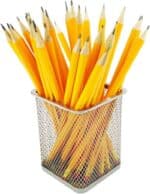a group of pencils in a metal container