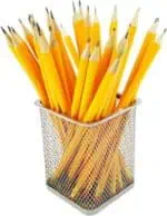 a group of pencils in a metal container