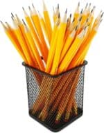a group of pencils in a wire holder