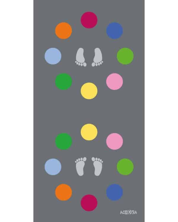 a colorful dots and footprints