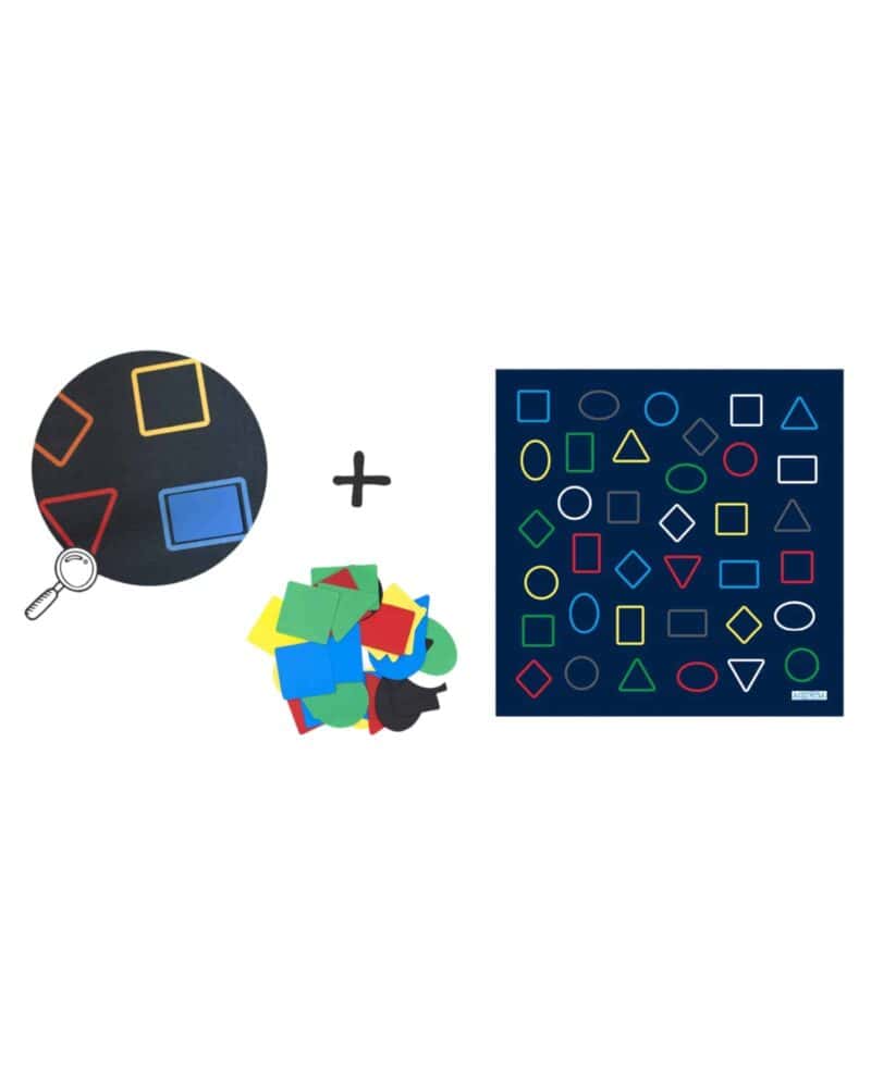 A group of colorful shapes and a puzzle