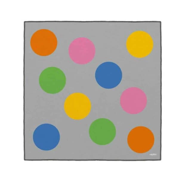 a grey square with colorful circles