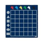 a blue board with many squares and different colored shapes