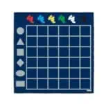 a blue board with many squares and different colored shapes