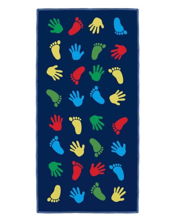 a blue towel with colorful footprints