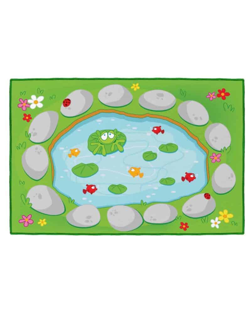 A cartoon of a pond with water and flowers