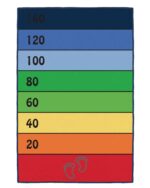 a colorful rectangular sign with numbers and feet