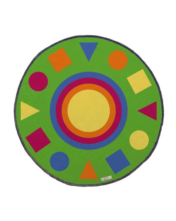 a green circle with colorful circles and squares