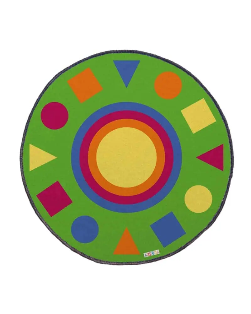 a green circle with colorful circles and squares