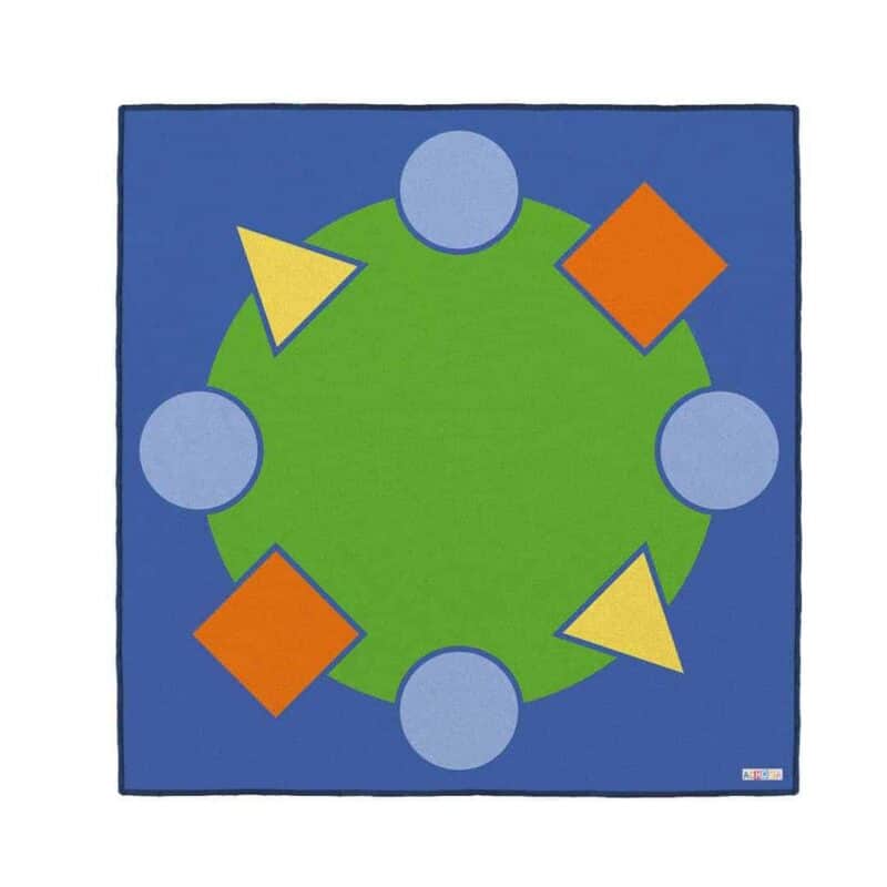 A blue rug with colorful circles and triangles