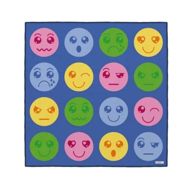 a blue rug with different colored circles