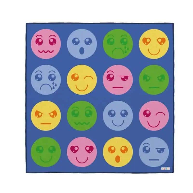 a blue rug with different colored circles