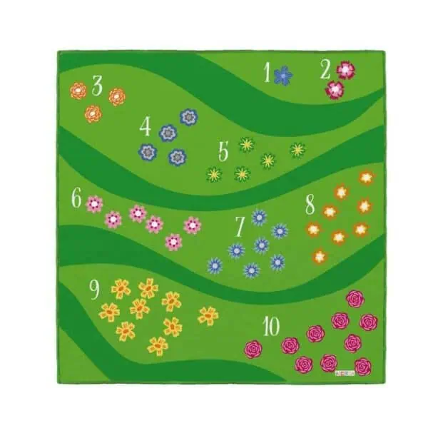 a green carpet with flowers and numbers