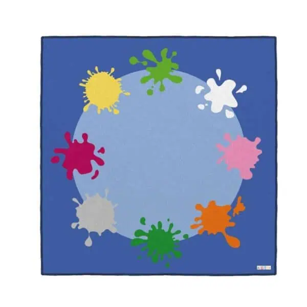 a blue rug with colorful splatters