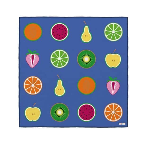 a blue square with fruit design on it