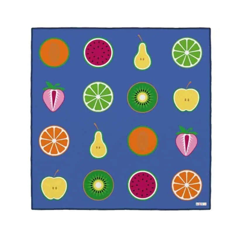a blue square with fruit design on it