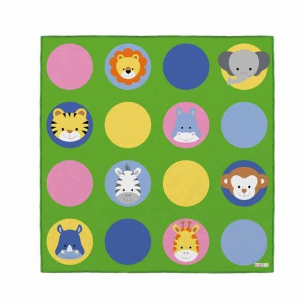 a green rug with animals on it