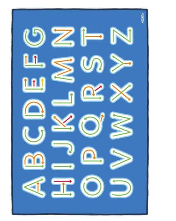 a blue rectangular sign with letters and arrows