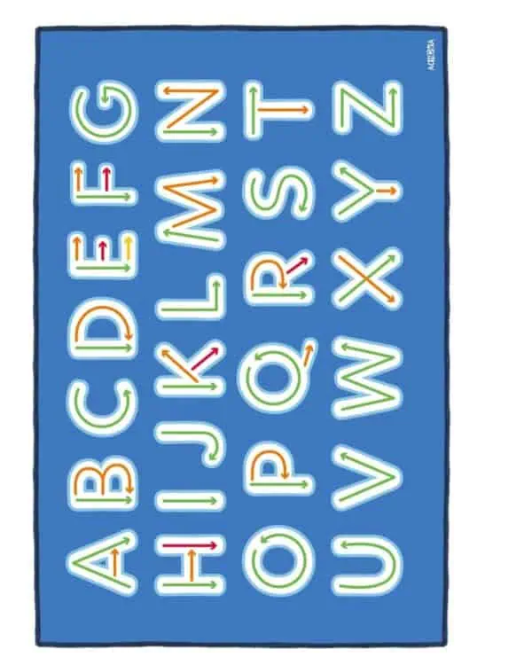 a blue rectangular sign with letters and arrows