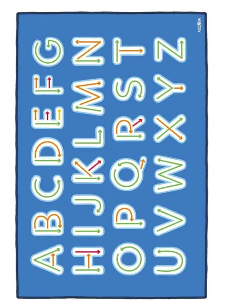 a blue rectangular sign with letters and arrows
