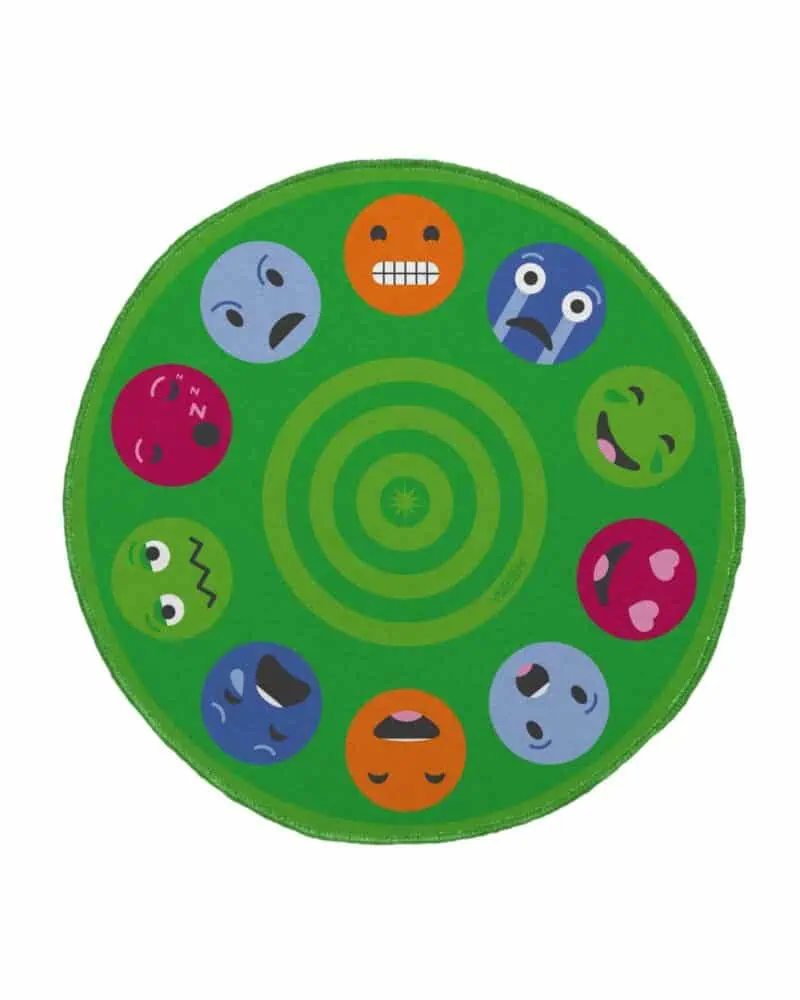 a green circle with different colored faces