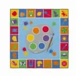 a colorful rug with a palette and paint