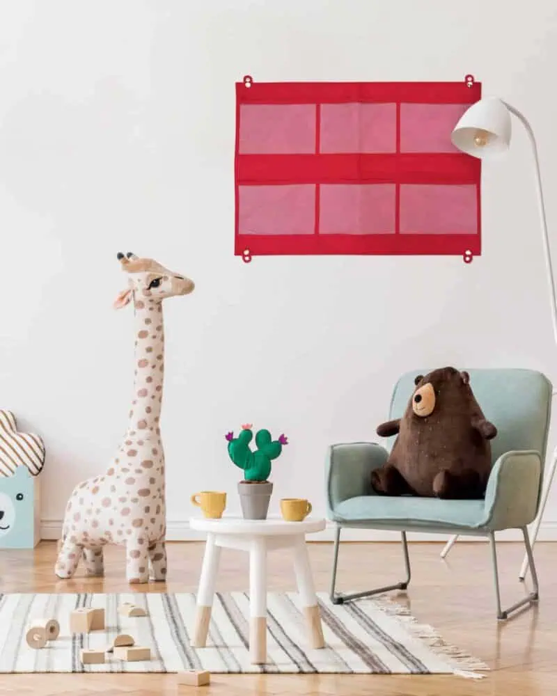 a room with stuffed animals and a table